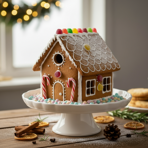 Gingerbread house on a white cake stand with Christmas decorations on a wooden table.
