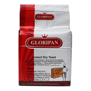 Gloripan Insatnt Dried Yeast  Packaging. white with red border on left hand side and Gloriapan branding logo in red on the front. The logo has a crown and the words GLORIPAN 